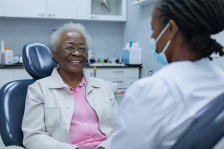 Senior African American woman talking to her dentist during appointment at dental clinicの素材