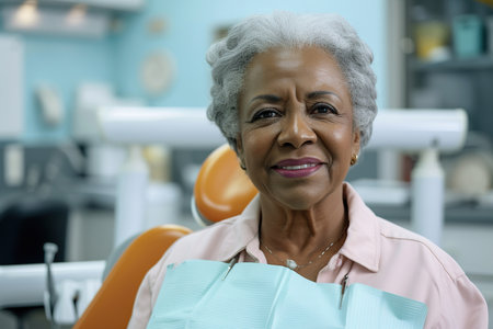 Satisfied African American senior woman at dentist's office looking at cameraの素材