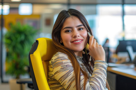 Beautiful Latin woman holding smartphone and sitting in an officeの素材