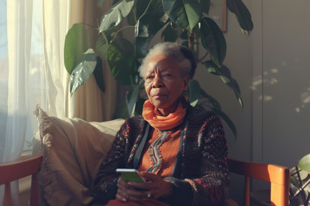 A senior African American woman with her cellphone, in the minimalist elegance Nordic-designed apartment.の素材