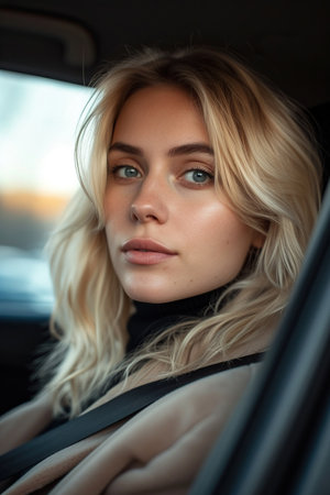 Serious blond woman in carの素材