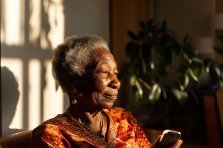 A senior African American woman with her cellphone, in the minimalist elegance Nordic-designed apartment.の素材