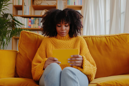 African American Woman wearing yellow sweater sitting on yellow sofa at home and shopping online with credit cardの素材