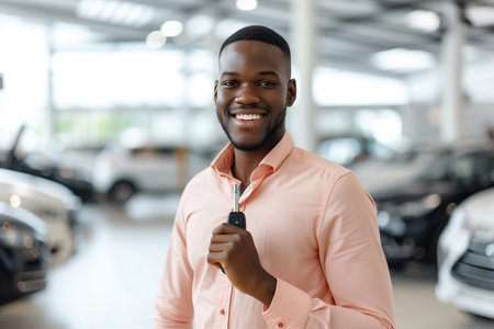 Young happy African American salesman holding key of new car in showroom and looking at camera.の素材