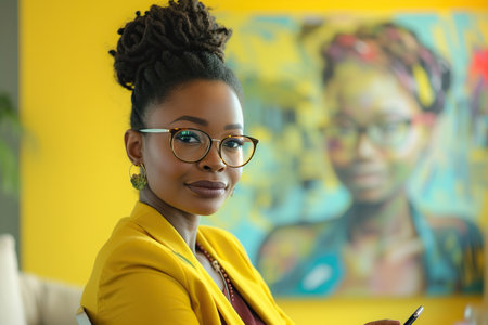 Beautiful African American woman holding cell phone and sitting in an officeの素材