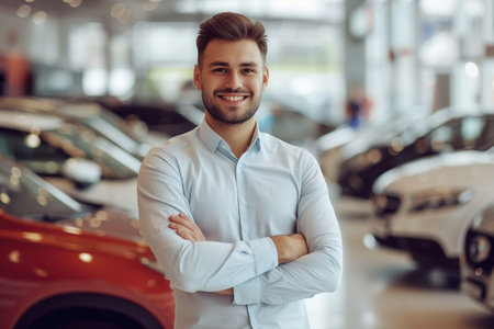 Young happy salesman working at car dealership and looking at cameraの素材