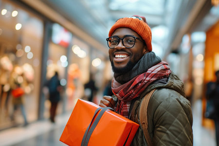 Young African American man enjoying in shopping gifts at mallの素材