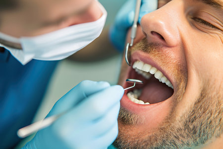 Close up of man during teeth check-up at dentist's officeの素材