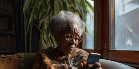 A senior African American woman with her cellphone, in the minimalist elegance Nordic-designed apartment.の素材