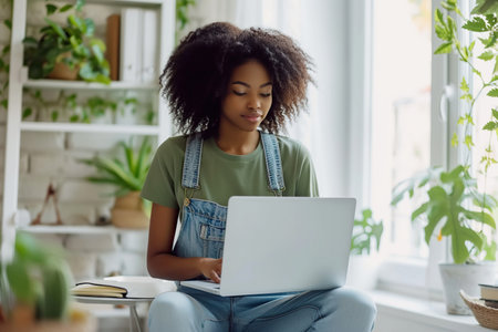 Young African American woman wearing jeans and green t-shirt sitting working in laptop in stylish white homeの素材