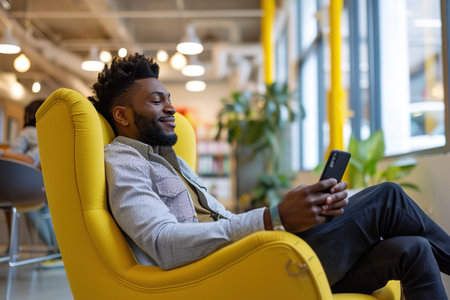 Man holding cell phone and sitting in an officeの素材