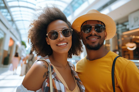 Happy African American woman and her boyfriend enjoy in shopping day in mallの素材