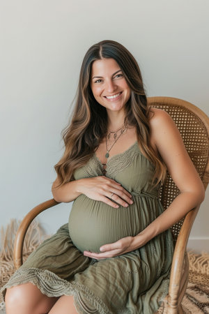 Pregnant woman sitting on a chair in a studio, hugging her baby bump with a smileの素材