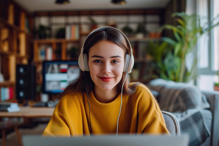 Latin girl in headphones working on laptop with a smile at homeの素材