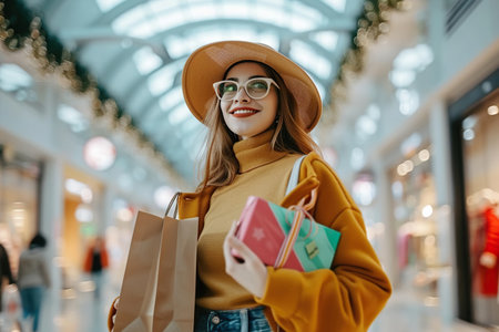 Young woman enjoying in shopping gifts at mallの素材
