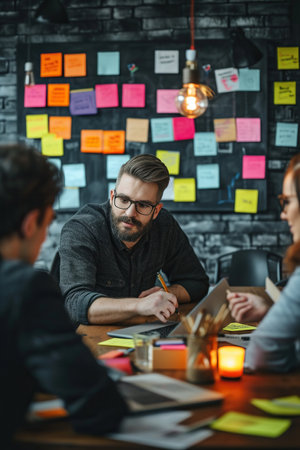 Scrum master leading a business meeting with creative ideas and teamworkの素材