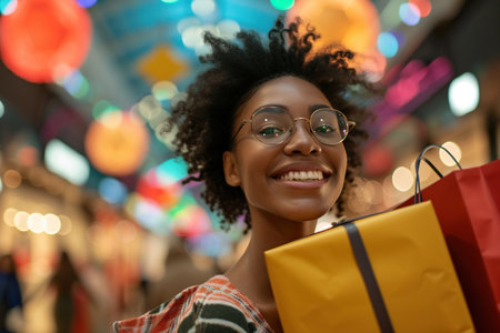 Young African American woman enjoying in shopping gifts at mall.の素材