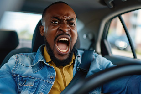 Furious African American man. Emotional man feeling extremely furious while driving near crazy dangerous driverの素材