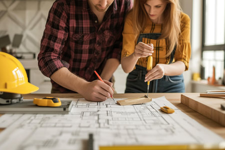Home renovation collaboration: Couple redesigning upgrading their house togetherの素材