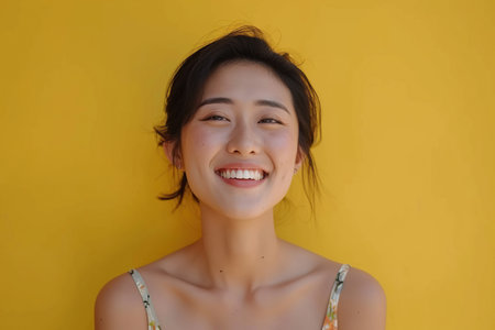 Asian woman smiling against a yellow backgroundの素材