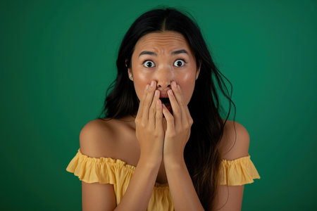 Nervous, Asian woman and biting nails in studio with oops reaction to gossip on green background. Mistake, sorry and female overwhelmed by fake news, drama or secret with regret, shame or awkwardの素材