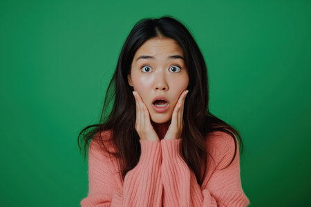 Nervous, Asian woman and biting nails in studio with oops reaction to gossip on green background. Mistake, sorry and female overwhelmed by fake news, drama or secret with regret, shame or awkwardの素材