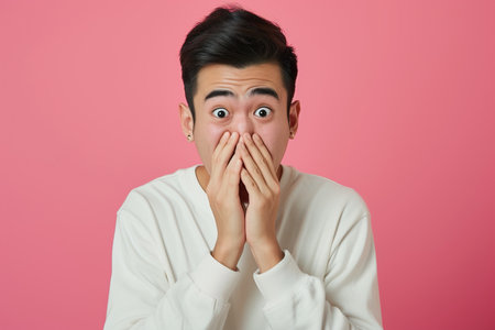 Nervous Asian man and biting nails in studio with oops reaction to gossip on pink background. Mistake, sorry and male overwhelmed by fake news, drama or secret with regret, shame or awkwardの素材
