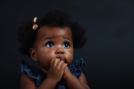 Scared African American baby girl and biting nails in studio with oops reaction on black background.の素材
