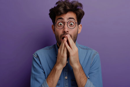 Nervous Latin man and biting nails in studio with oops reaction on purple background. Mistake, sorry, drama or secret with regret, shame or awkwardの素材