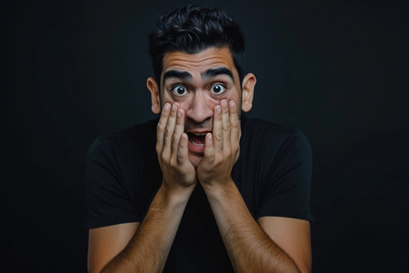 Nervous Latin man and biting nails in studio with oops reaction on black background.の素材