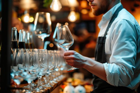 Man checking wine glasses, waiter, sommelierの素材