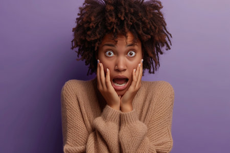 Stunned African American young woman, in casual wear, looking stressed and nervous with hands on mouth biting nails, looking aside, is going through, stands on isolated pink backgroundの素材