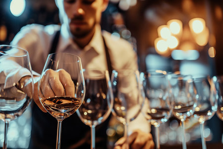 Man checking wine glasses, waiter, sommelierの素材