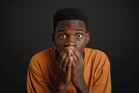 Nervous African American teenage boy and biting nails in studio with oops reaction to gossip on black background. Mistake, sorry, drama or secret with regret, shame or awkwardの素材