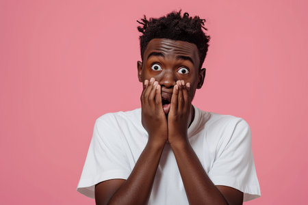 Nervous African American teenage boy and biting nails in studio with oops reaction to gossip on pink background. Mistake, sorry, drama or secret with regret, shame or awkwardの素材
