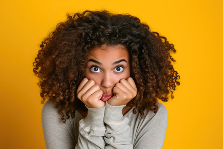 Nervous African American school girl and biting nails in studio with oops reaction to gossip on yellow background. Mistake, sorry, drama or secret with regret, shame or awkwardの素材