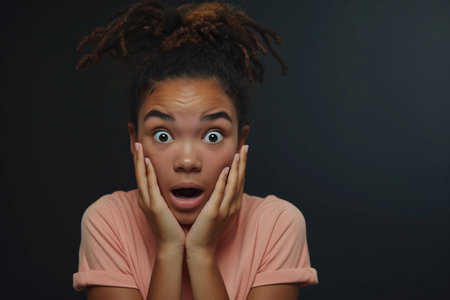 Nervous African American teenage girl and biting nails in studio with oops reaction to gossip on black background. Mistake, sorry, drama or secret with regret, shame or awkwardの素材