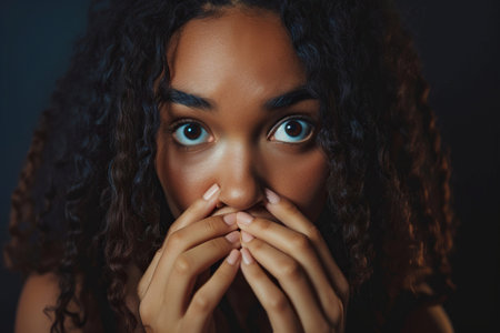 Nervous African American teenage girl and biting nails in studio with oops reaction to gossip on black background. Mistake, sorry, drama or secret with regret, shame or awkwardの素材