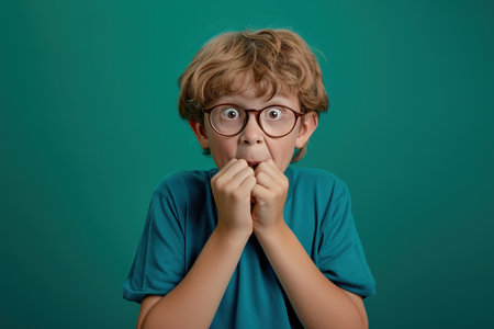 Nervous school boy in studio with oops reaction on green background. Mistake, sorry, drama or secret with regret, shame or awkwardの素材