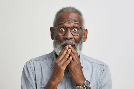 Nervous senior African American man in studio with oops reaction on white background. Mistake, sorry, drama or secret with regret, shame or awkwardの素材