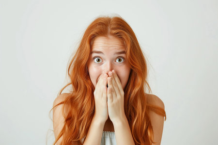 Nervous teenager girl in studio with oops reaction on white background. Mistake, sorry, drama or secret with regret, shame or awkwardの素材