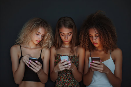 Three beautiful young women looking at smartphones on a black backgroundの素材