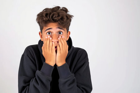 Nervous Latin teenage boy and biting nails in studio with oops reaction to gossip on white background. Mistake, sorry, drama or secret with regret, shame or awkwardの素材