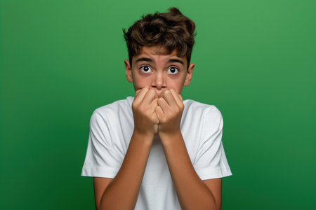 Nervous Latin teenage boy and biting nails in studio with oops reaction to gossip on green background. Mistake, sorry, drama or secret with regret, shame or awkwardの素材
