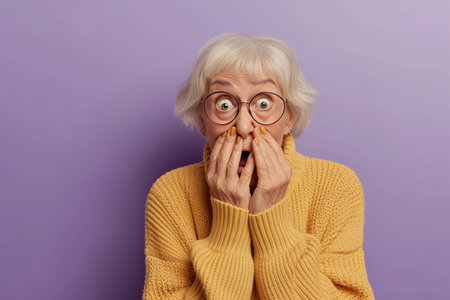 Nervous senior woman and in studio with oops reaction on purple background. Mistake, drama or secret with regret, shame or awkwardの素材