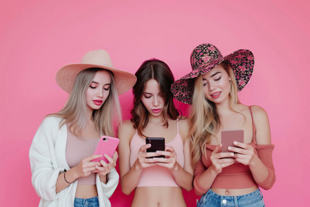 Three beautiful young women looking at smartphones on a pink backgroundの素材