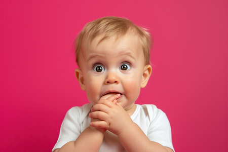 Nervous baby boy and biting nails in studio with oops reaction to gossip on pink backgroundの素材