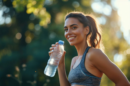 Happy sportswoman taking a water break outdoorsの素材