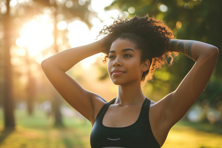 Woman warming up for a morning workout outdoorsの素材