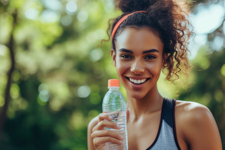 Happy sportswoman taking a water break outdoorsの素材